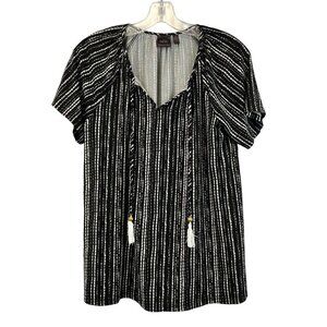 Rafaella Short Sleeve Tie Tasseled Neck Black/White Striped Top Size Small Petit